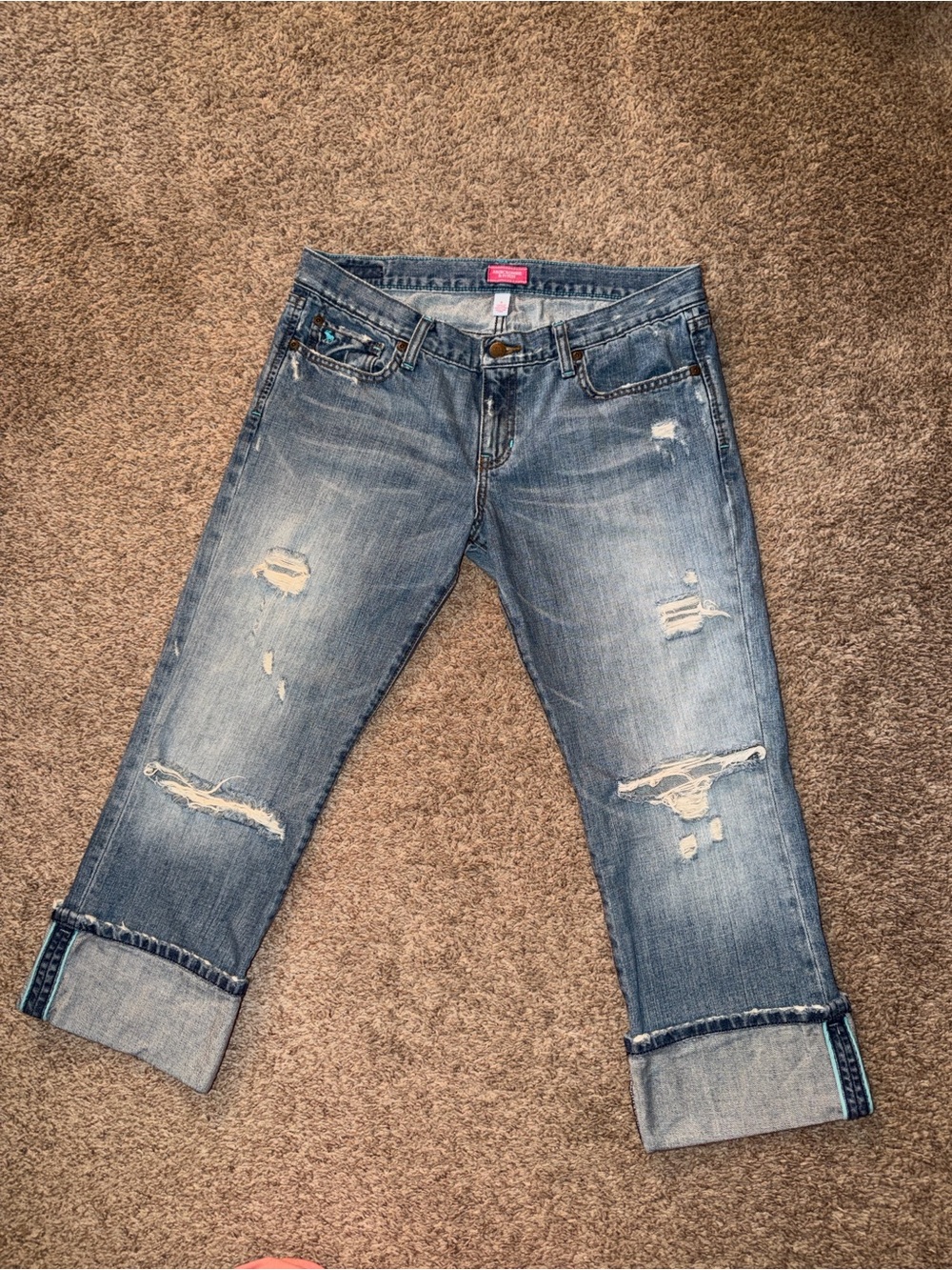 VTG Abercrombie & Fitch Y2K Pink Tag Distressed Cuffed Boyfriend Jeans Sz 8